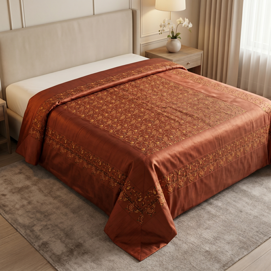 Deep Maroon Silk Paisley Embroidered Bedcover