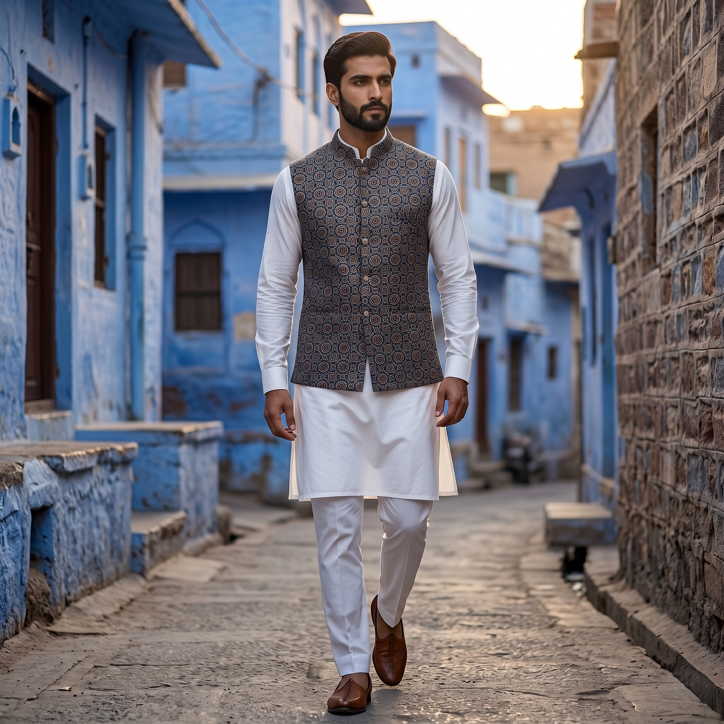 Royal Indigo Heritage Ajrakh Silk Waistcoat