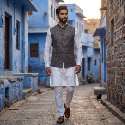 Royal Indigo Heritage Ajrakh Silk Waistcoat