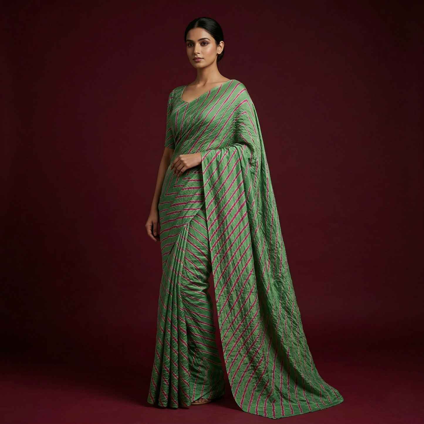 Elegant Green Leheriya Crinkled Silk Saree