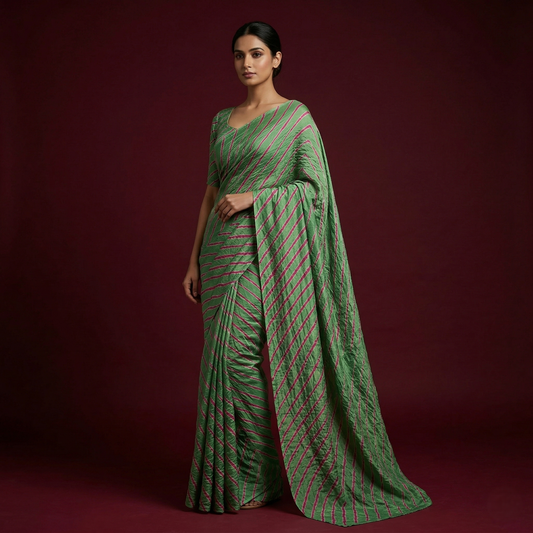 Elegant Green Leheriya Crinkled Silk Saree