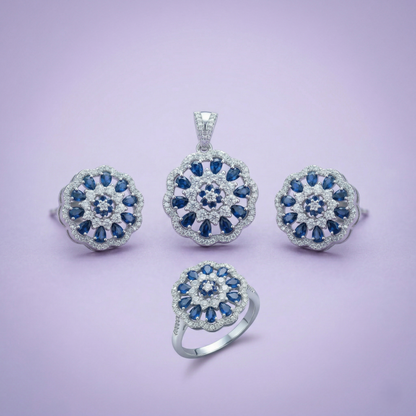 Sparkling Sapphire Floral Silver Pendant Set