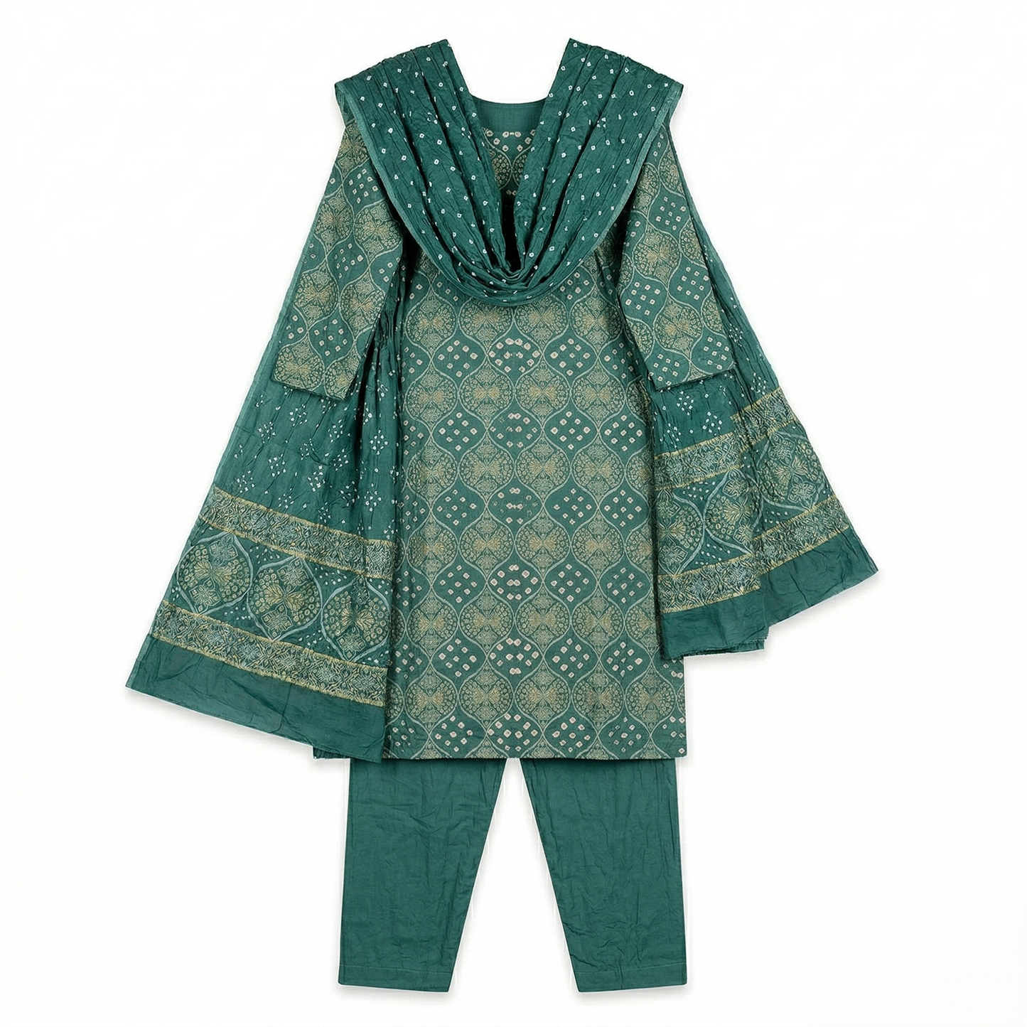 Sea Green Bandhani Print Unstitched Suit Set
