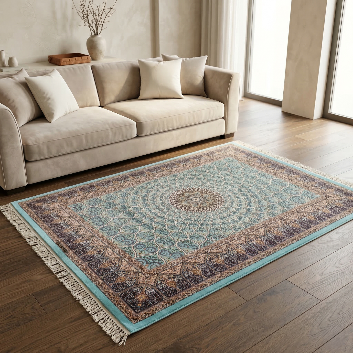 Azure Medallion Persian Style Silk Rug