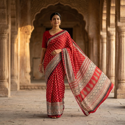 Crimson Timeless Hand Printed Heritage Saree