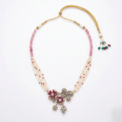 Floral Pearl and Rose Quartz Necklace