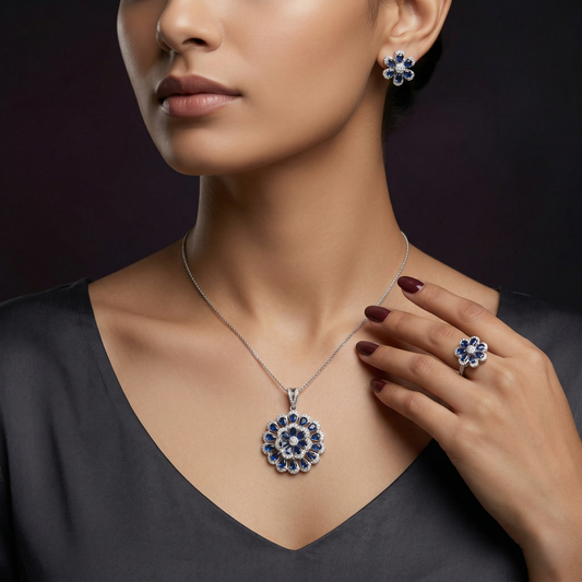 Floral Sapphire Brilliance Silver Pendant Set