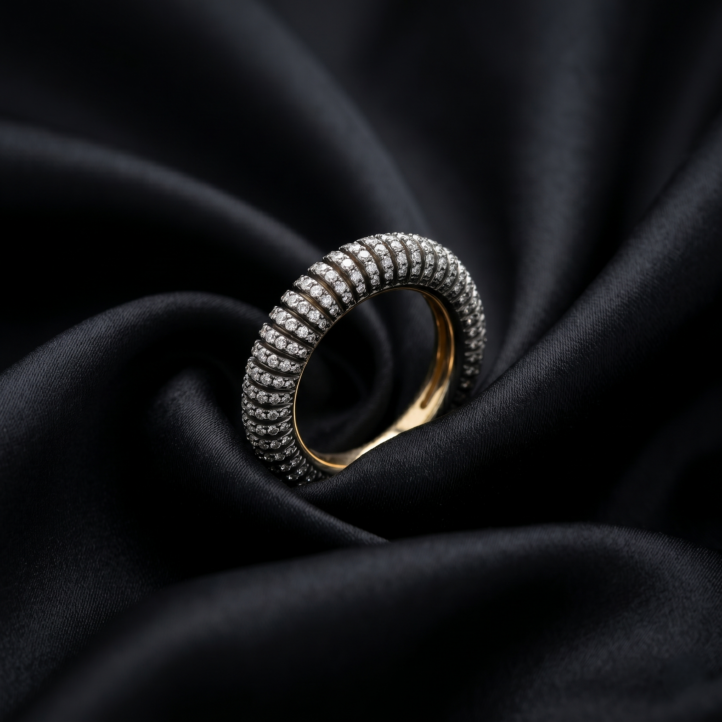 Handcrafted Ribbed Diamond Gold Eternity Ring