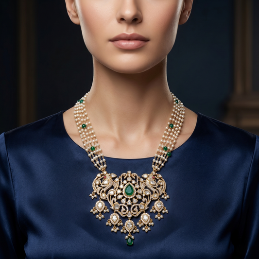 Ornate Emerald and Pearl Statement Necklace
