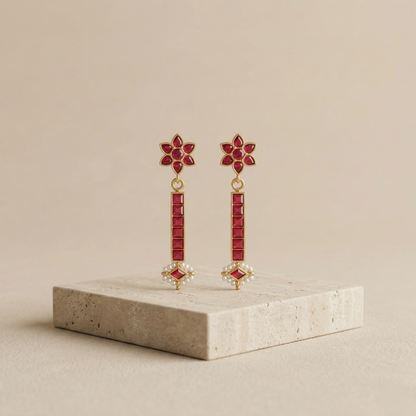 Ruby Studded Floral Gold Plated Silver Drops