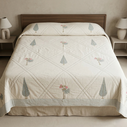 Hand Block Printed Floral Diamond Quilt