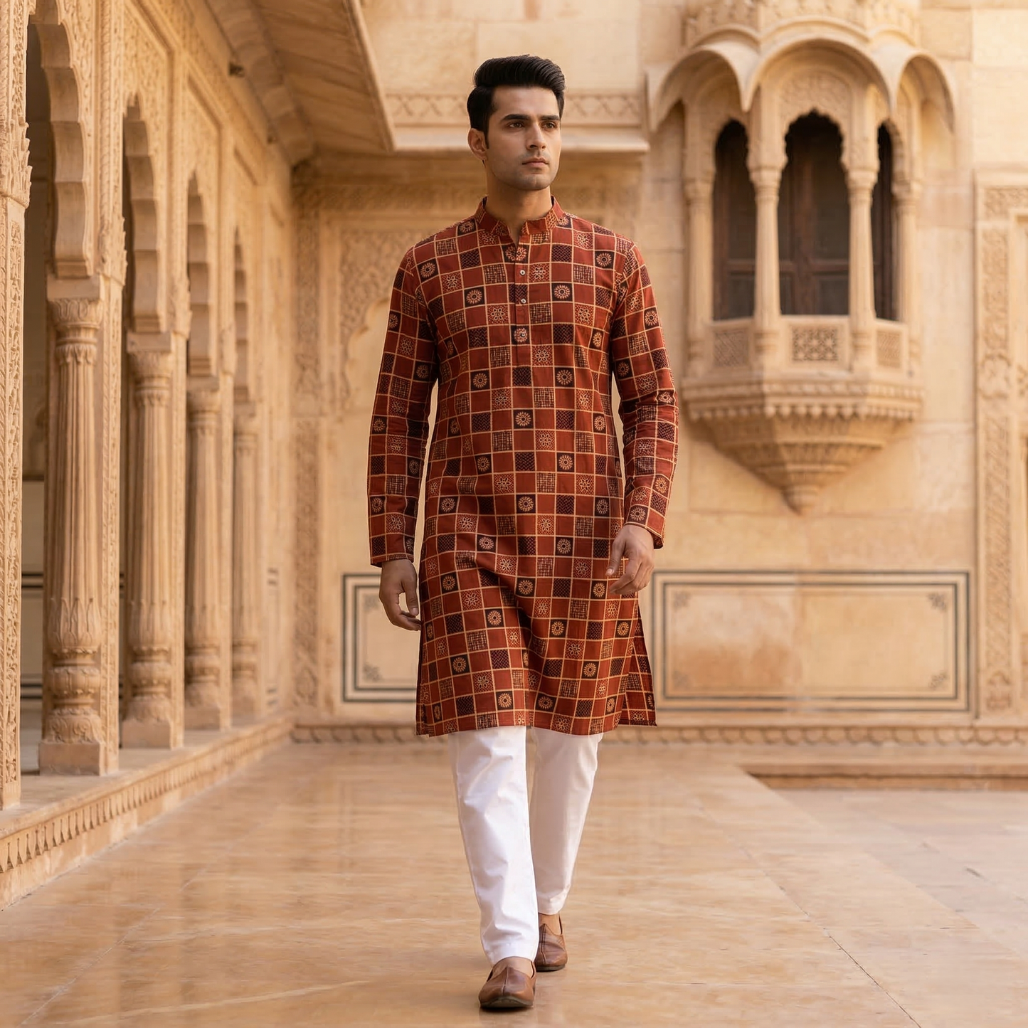 Earthy Ajrakh Print Men's Cotton Kurta