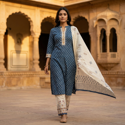 Elegant Indigo Floral Unstitched Suit Set