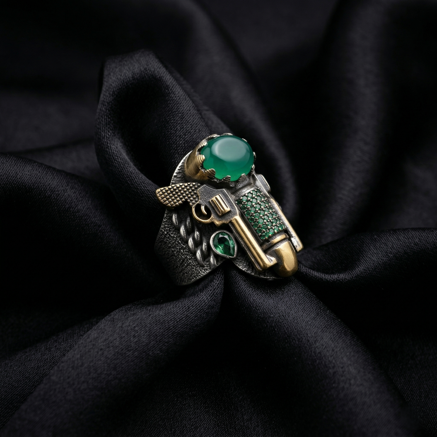 Emerald Revolver Ornate Silver Men's Ring