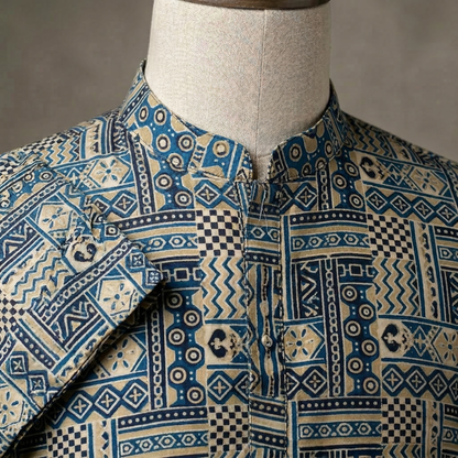 Geometric Azure Print Cotton Mens Kurta