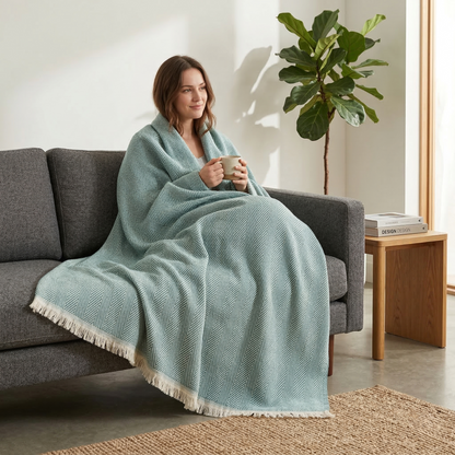 Elegant Sage Herringbone Hand Woven Blanket