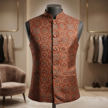 Heritage Ajrakh Print Silk Nehru Jacket
