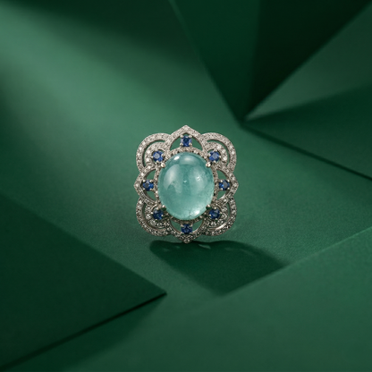 Elegant Floral Silver Aquamarine Cocktail Ring