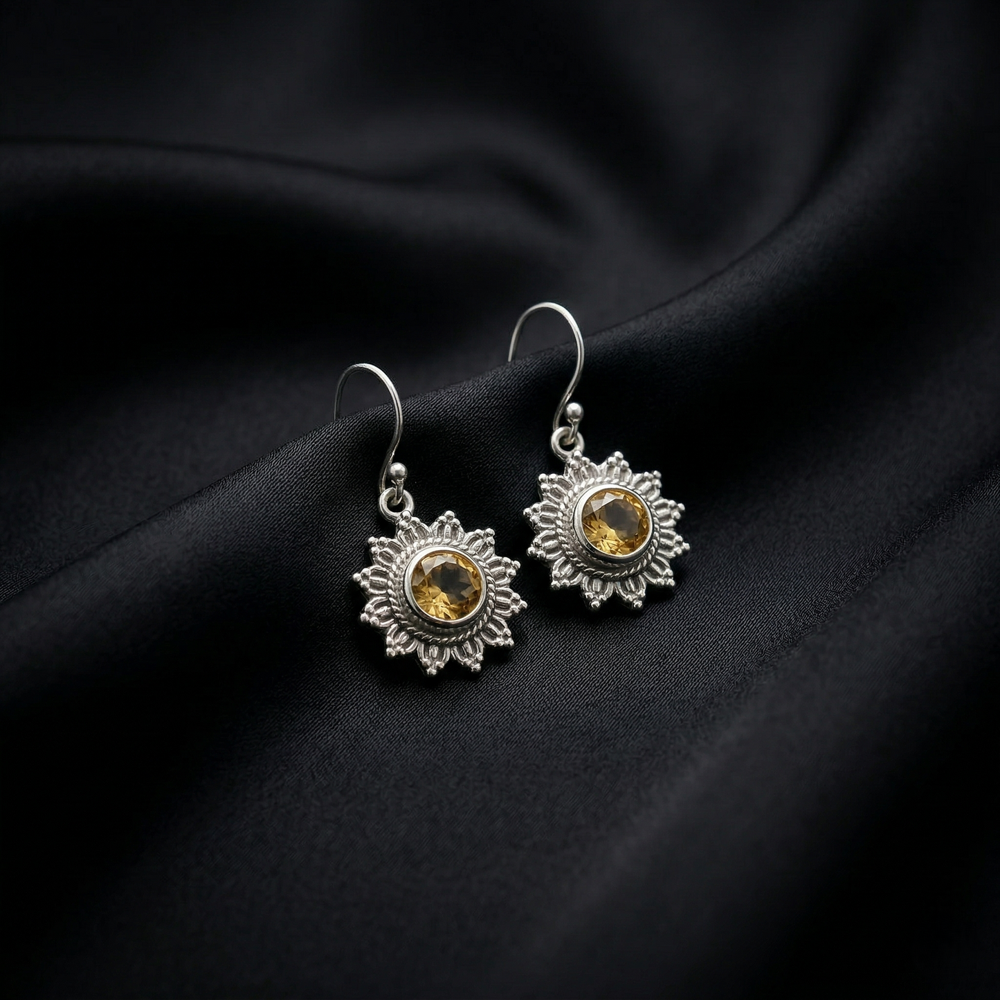 Radiant Citrine Silver Sunburst Drop Earrings