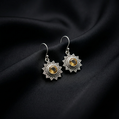 Radiant Citrine Silver Sunburst Drop Earrings