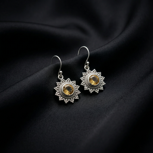 Radiant Citrine Silver Sunburst Drop Earrings