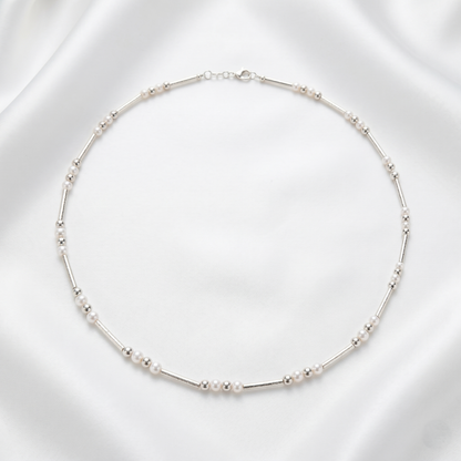 Elegant Silver Bar and Pearl Necklace