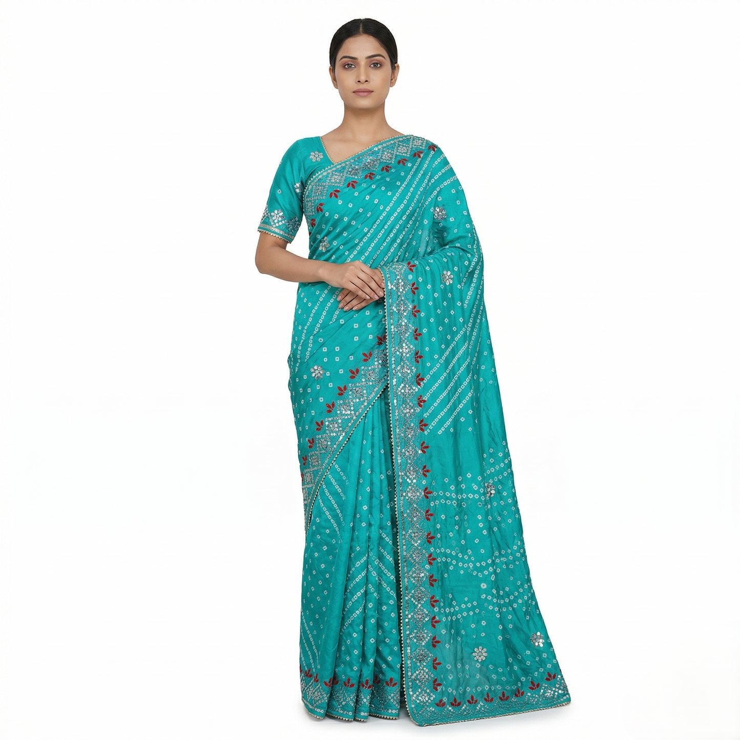 Teal Bandhani Silk Saree with Embroidery