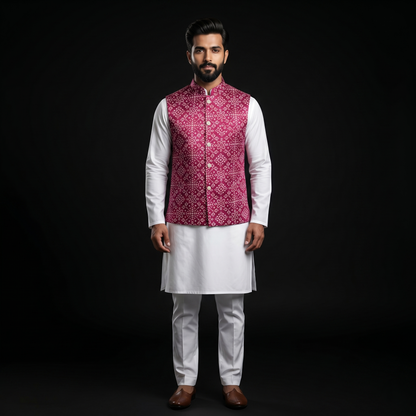 Royal Pink Patola Heritage Silk Waistcoat