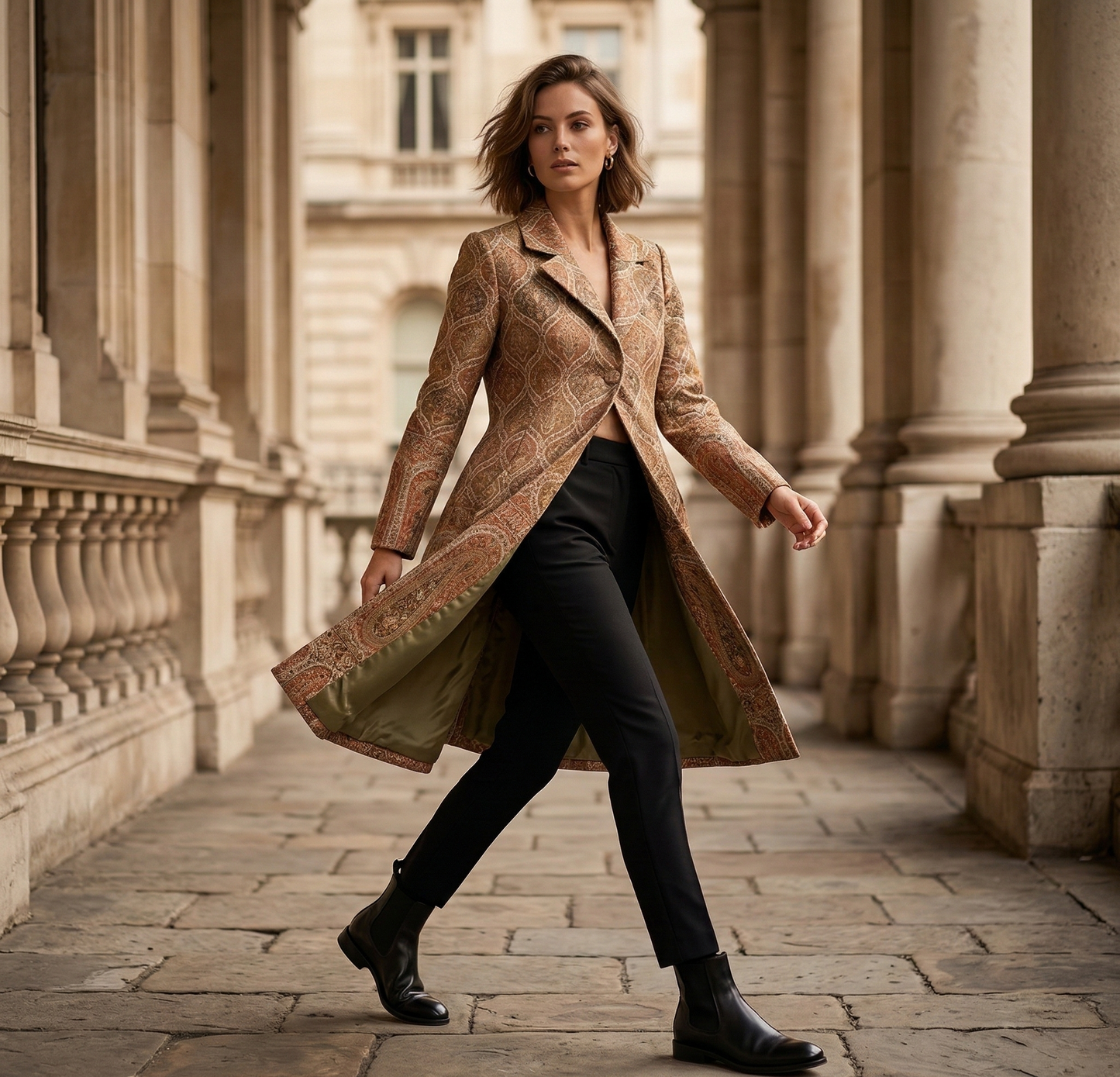 Elegant Paisley Jacquard Tailored Long Coat