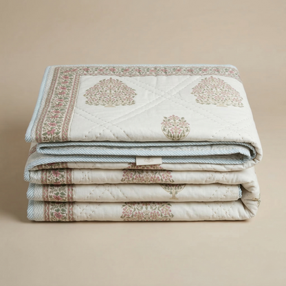 Artisanal Floral Block Print Quilted Coverlet