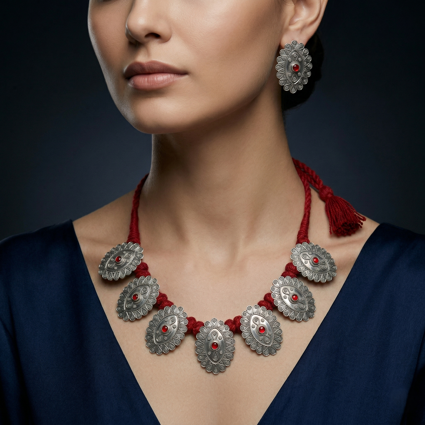Maroon Threaded Silver Tribal Necklace Set