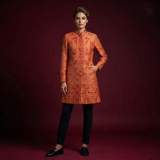 Paisley Jacquard Mandarin Collar Long Coat