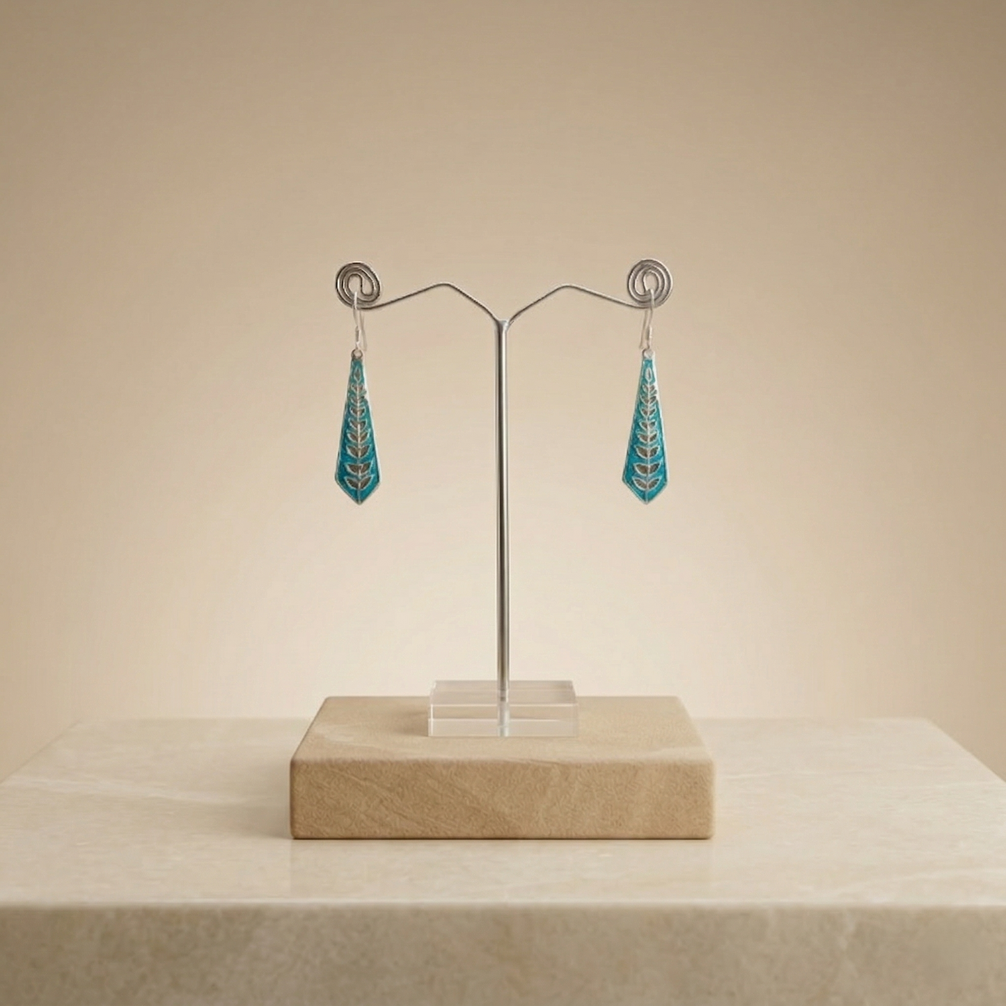 Turquoise Leaf Motif Silver Drop Earrings
