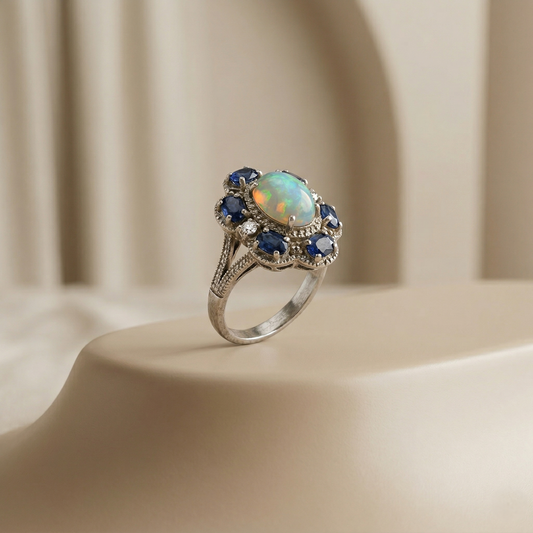 Celestial Floral Opal and Sapphire Ring