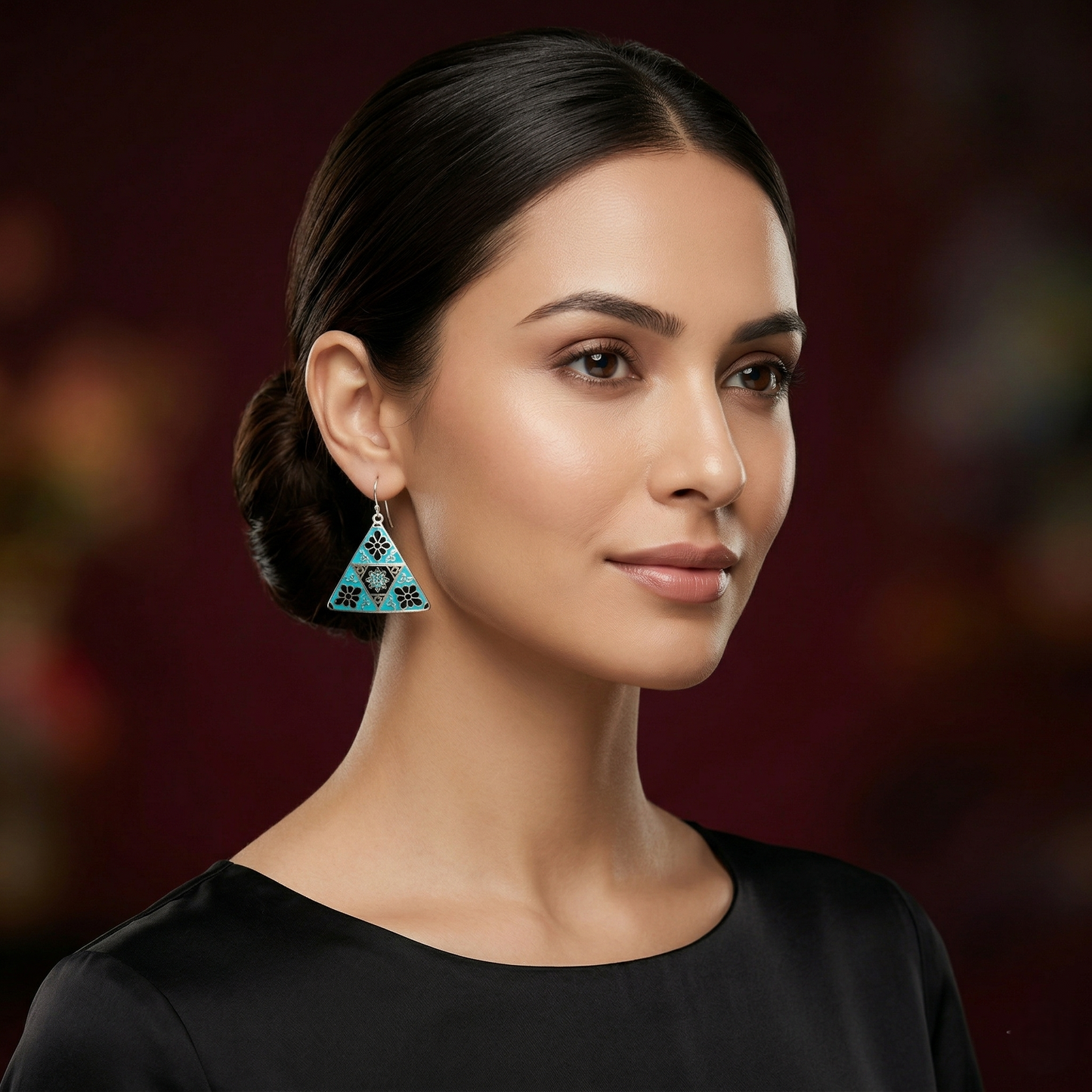 Turquoise Floral Triangle Silver Drop Earrings