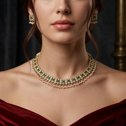 Elegant Emerald Accented Silver Choker Set