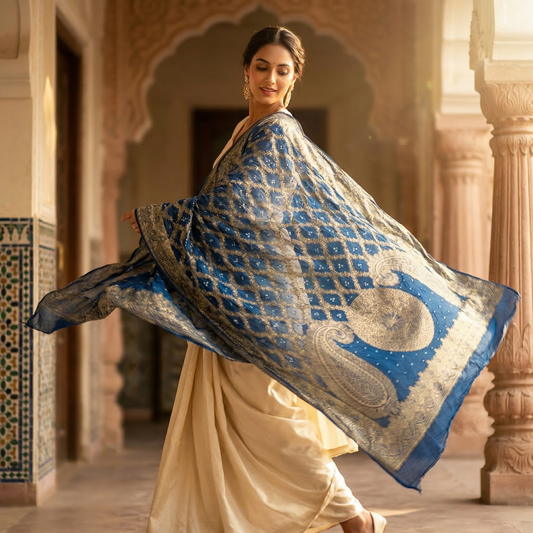 Royal Blue Banarasi Silk Zari Dupatta