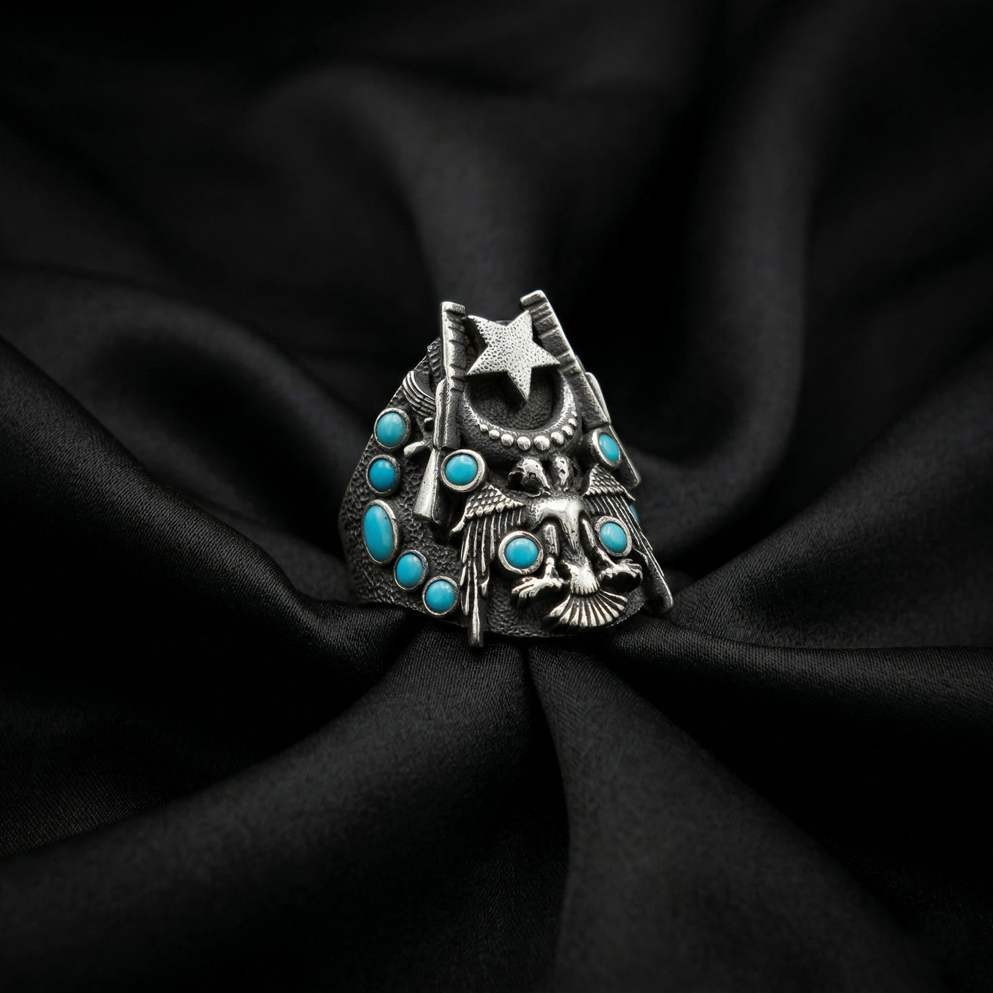 Silver Ottoman Eagle Star Turquoise Ring