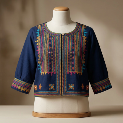Indigo Heritage Hand-Embroidered Artisanal Crop Jacket
