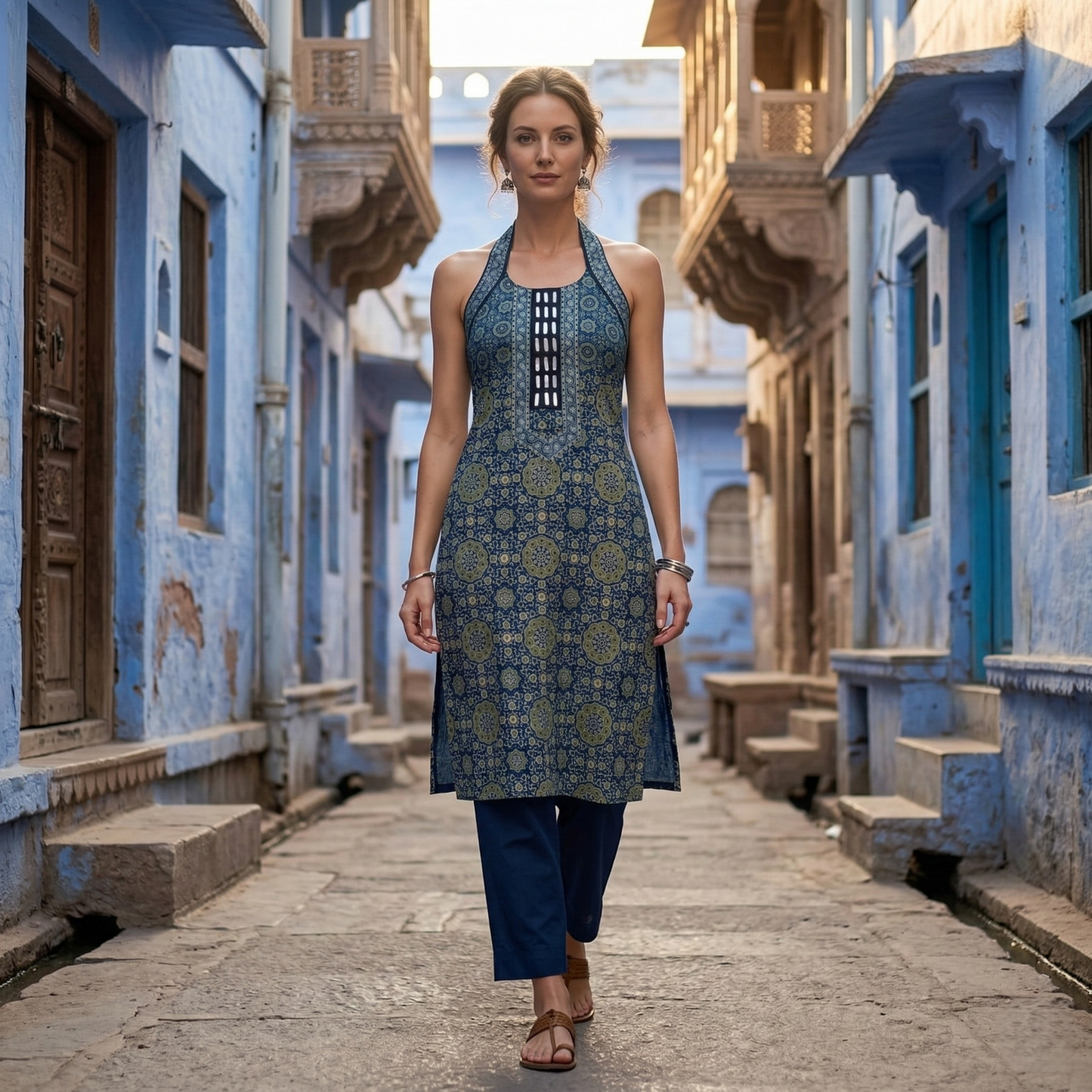 Indigo Halter Block Print Sleveless Kurti