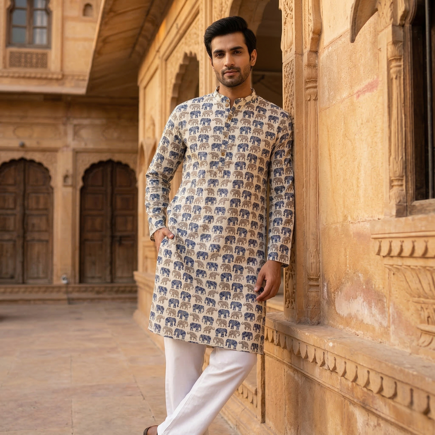 Artisan Blue Elephant Hand Block Kurta