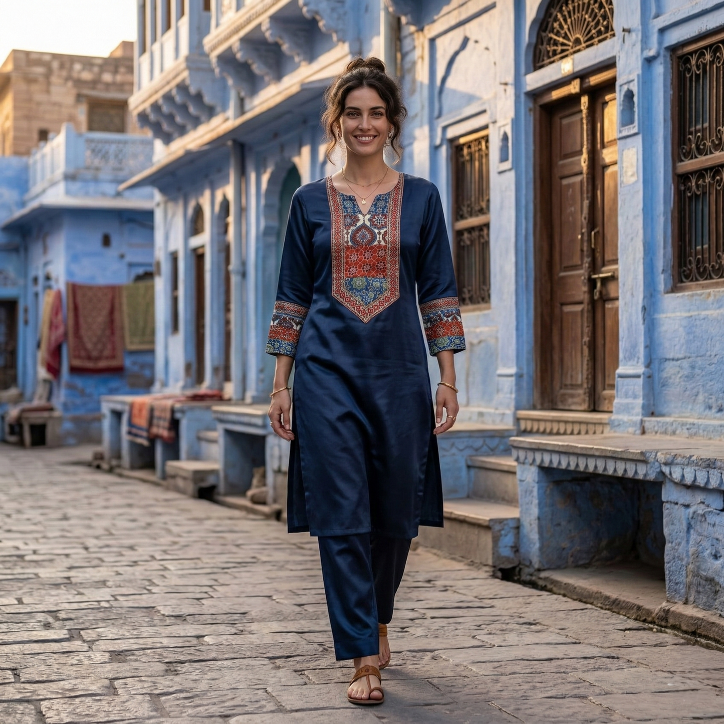 Royal Indigo Embroidered Silk Kurti Set