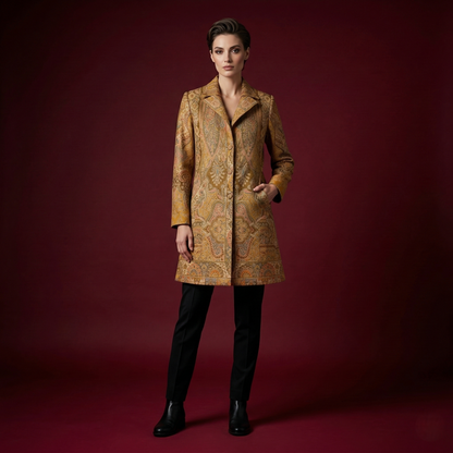 Ornate Paisley Elegance in Golden Ochre Long Coat