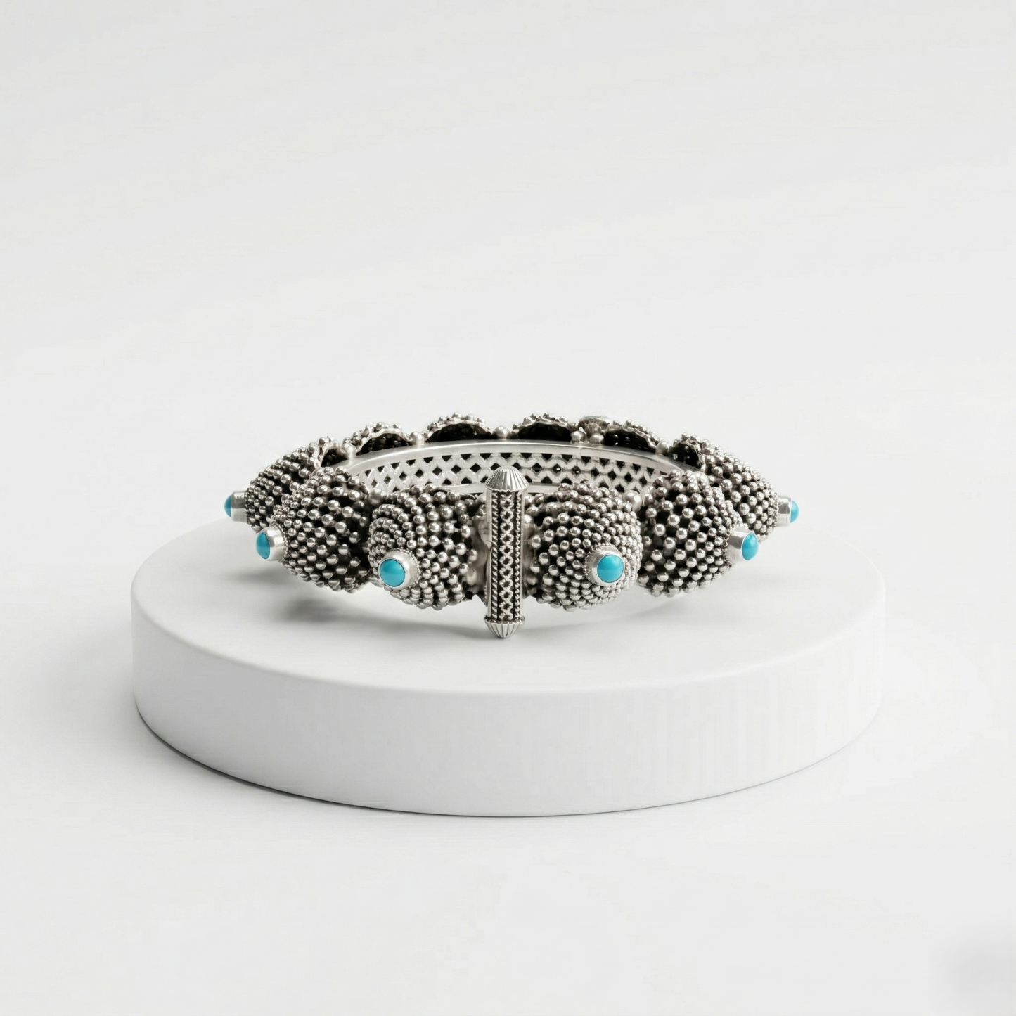 Intricate Turquoise Studded Silver Artisanal Kada