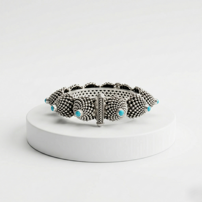 Intricate Turquoise Studded Silver Artisanal Kada