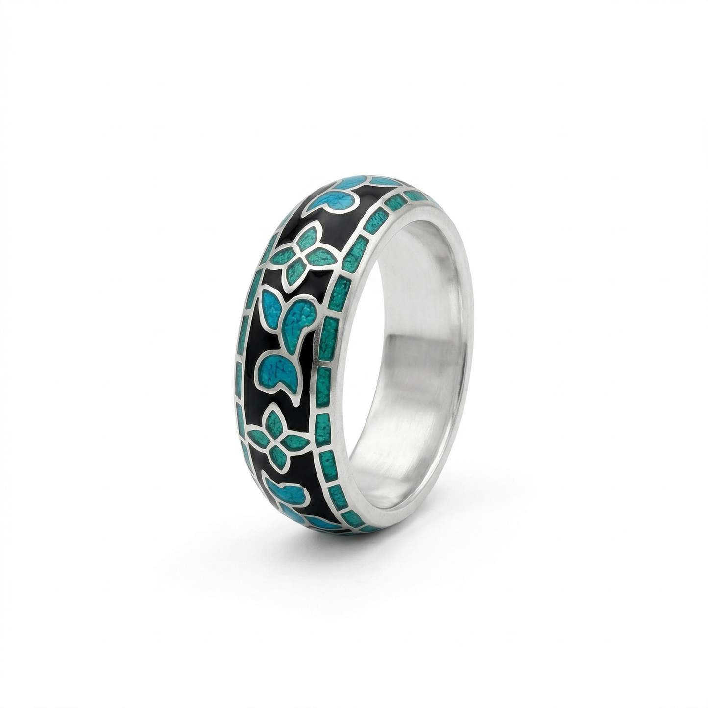 Silver Band With Emerald Enamel Inlay