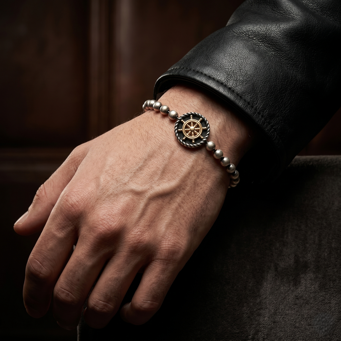 Silver Nautical Wheel Beaded Statement Bracelet