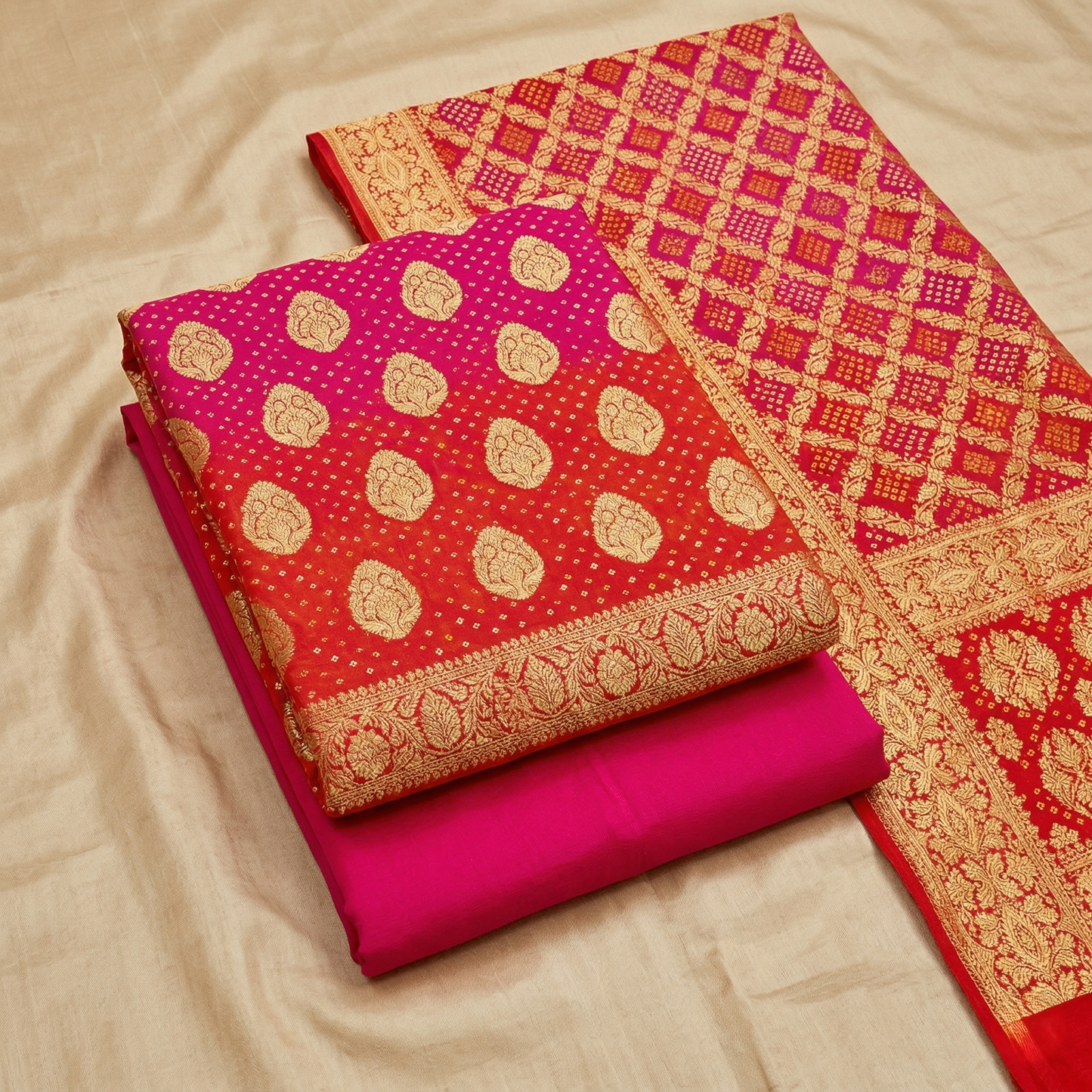 Pink-Red Ombre Banarasi Georgette Suit