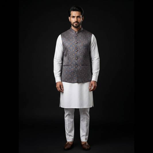 Royal Indigo Heritage Ajrakh Silk Waistcoat