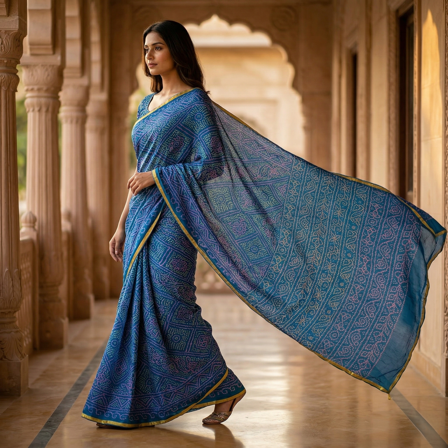 Azure Blue Bandhani Print Georgette Saree